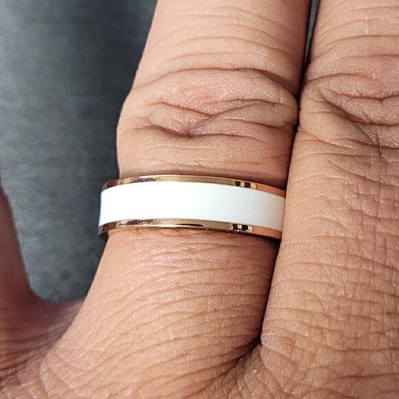 Men's Promise Ring White Ceramic Inlay Rose Rold - Picture 2 of 9